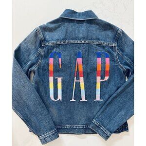Gap Denim Jean Jacket Women’s Medium Embroidered Rainbow Stripe Spring Colorful